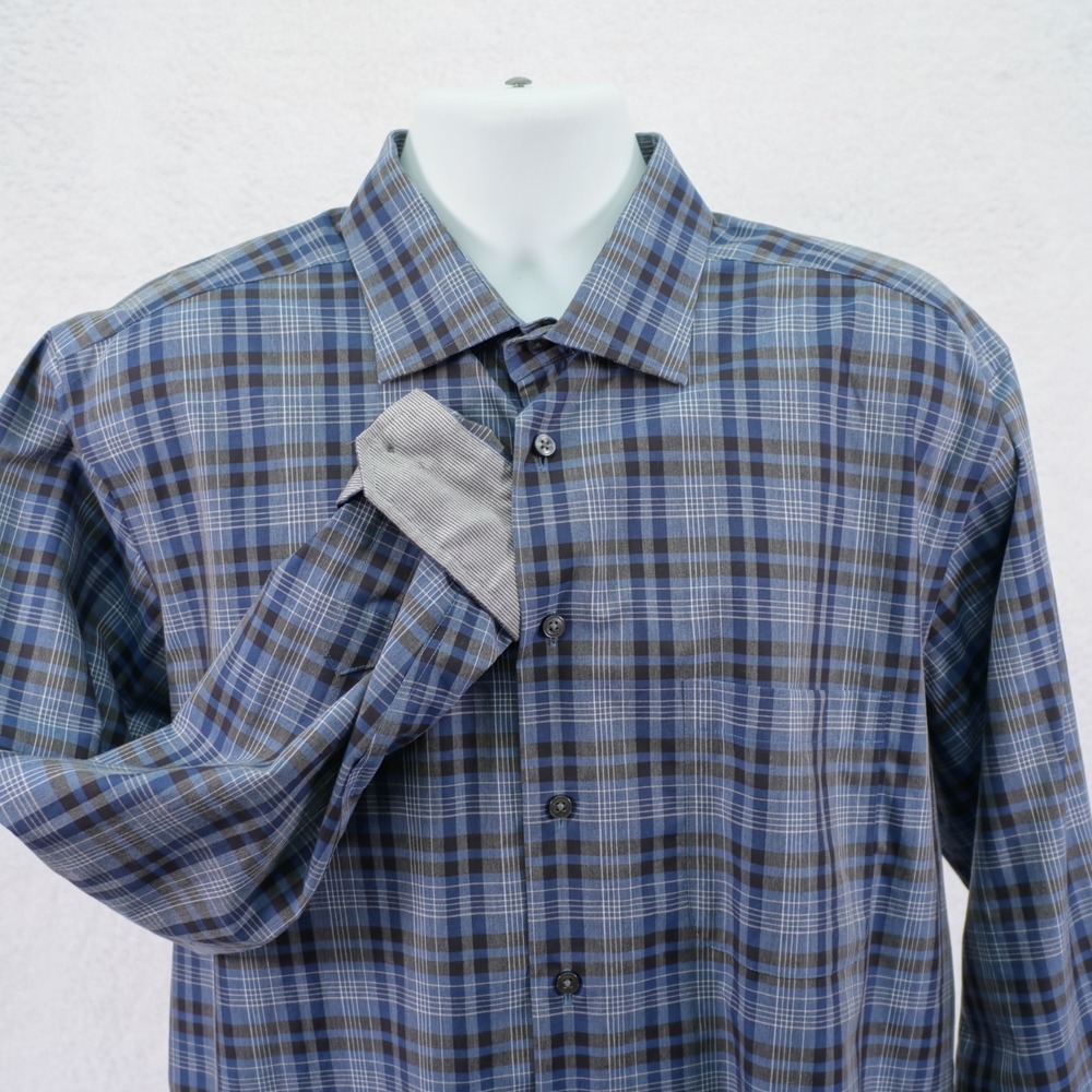 Joseph Abboud‎ Non-Iron xl Blue Gray Plaid Flip Cuff Collared Dress Shirt Cotton